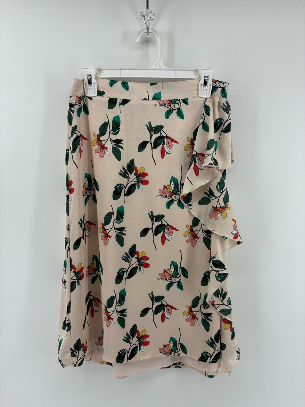 Floral Ruffle Wrap Midi Skirt - Beige Green Floral
